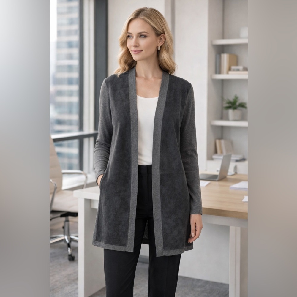 Calvin Klein Gray Faux Suede Open Front Cardigan Jacket Size Medium Soft Knit